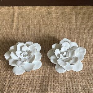 White Floral Wall Decor Plaques Set of 2 Resin Flower Sculptures Gold Detail